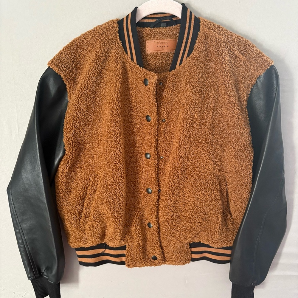 Blank NYC Brown Sherpa Bomber Jacket with Black Faux Leather Sleeves